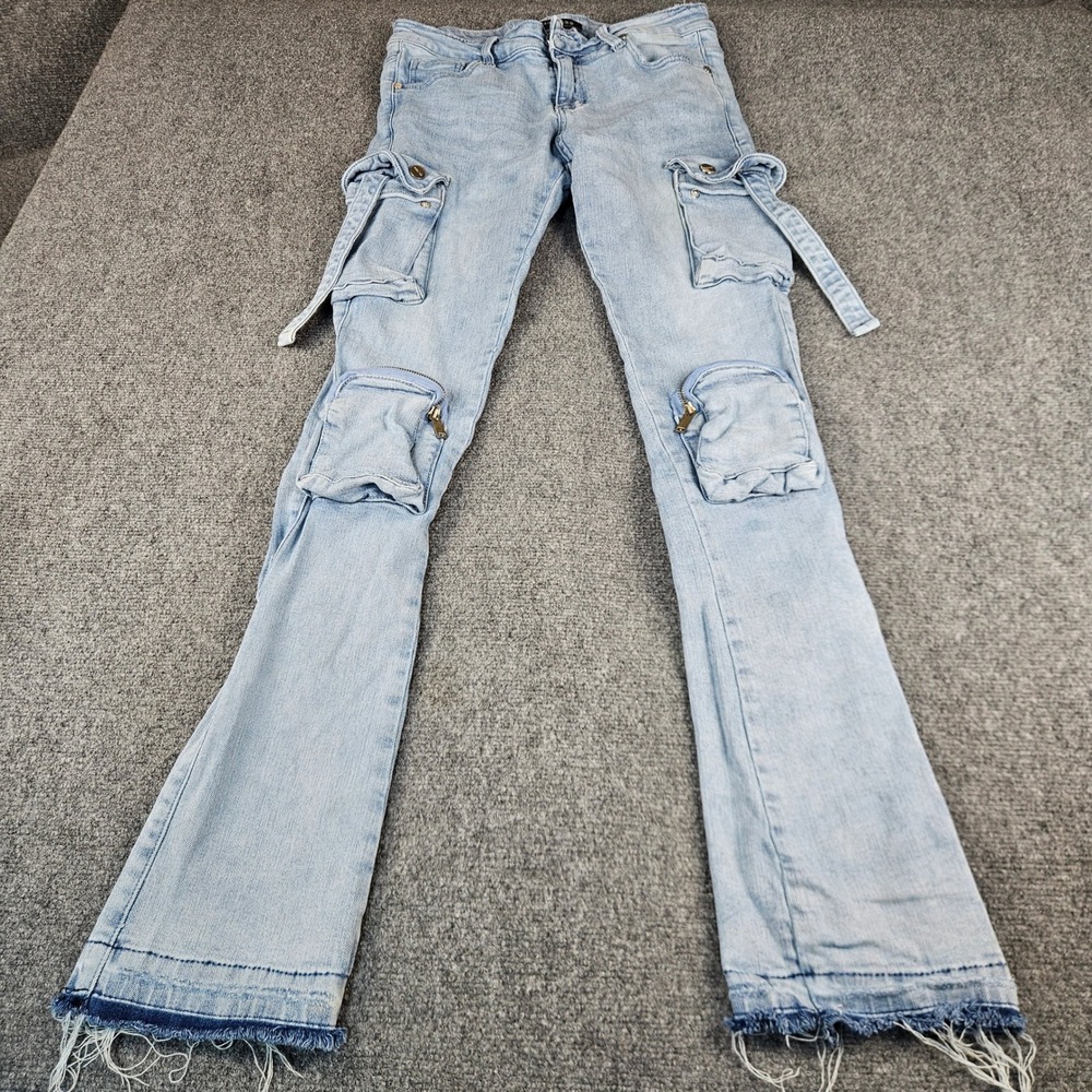 Pheelings Light Wash Cargo Flare Jeans Frayed Hem Blue Denim Pants